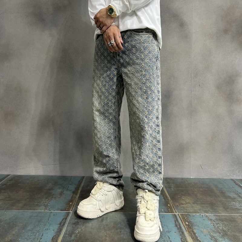 2024 Jeans américains de grande rue pour hommes, jambes droites amples, ensemble de marque tendance, pantalon polyvalent