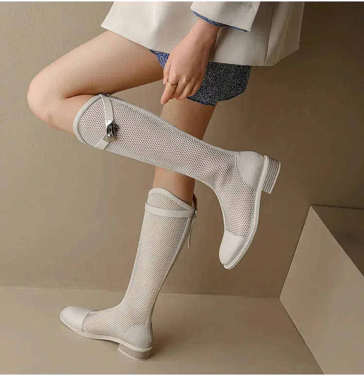 Breathable Leather Mesh Long Boots For Women Fashionable Sandals_voghion.com