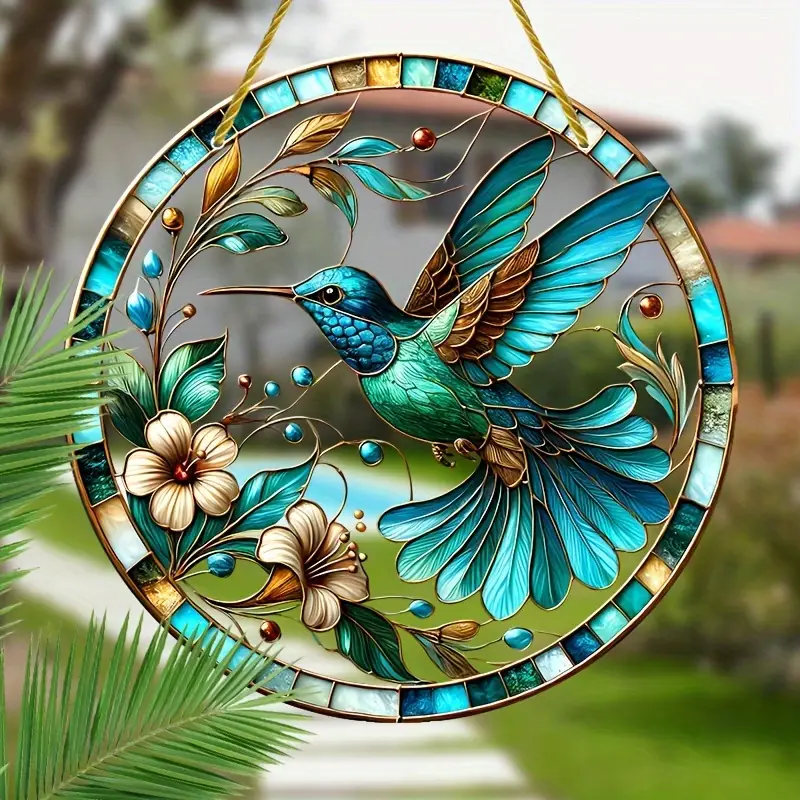 Sonnenfänger mit Kolibri und Blumen, 20 x 20 cm, Acryl. Natur-, Wand-, Zimmer- und Gartendeko. Für drinnen und draußen geeignet. Einzigartiges Geschenk für Freunde und Familie._voghion.com
