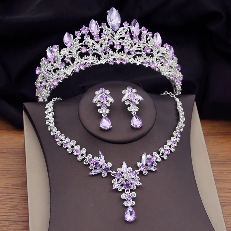 Gorgeous Purple Crystal Bridal Sets For Women Sier Colors Tiaras Earrings Necklaces Wedding Crown Jewelry Set Fashion_voghion.com