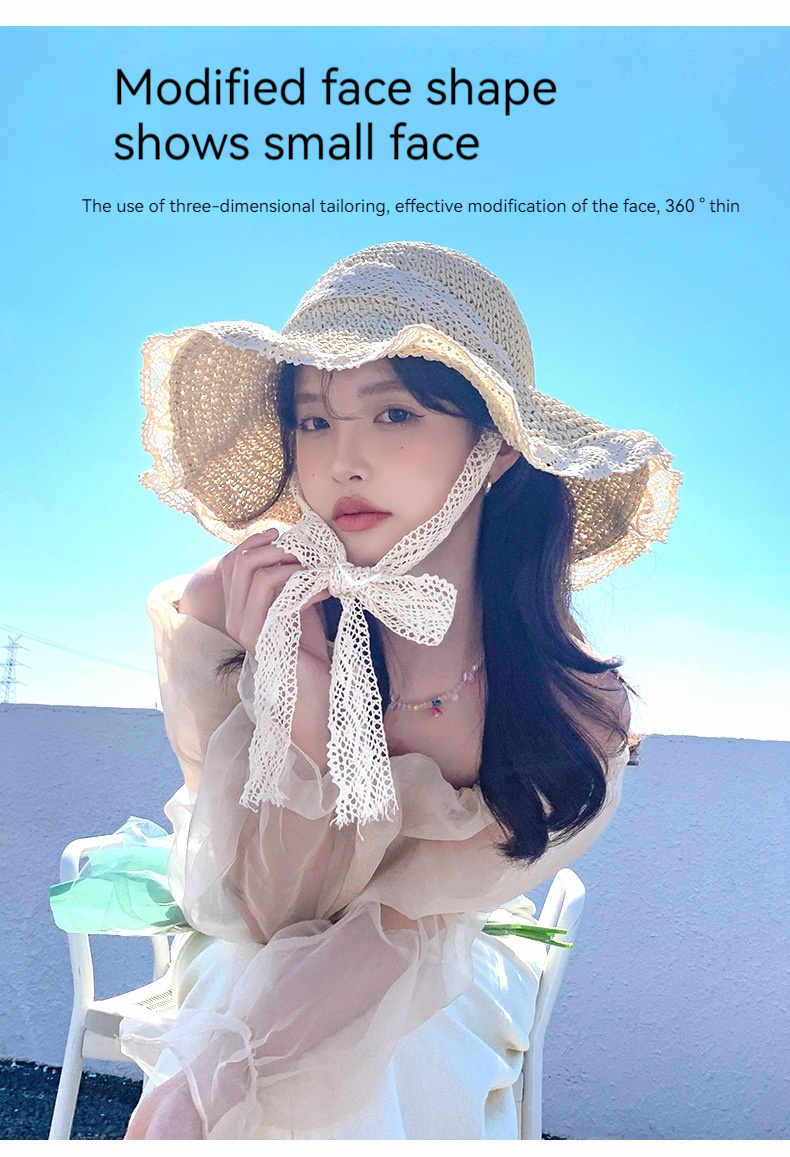 Sommerstrand-Spitzenstrohhut für Damen, frischer Sonnenschutzhut, Sonnenschirm, faltbarer Sonnenhut für Tourismus und Urlaub_voghion.com
