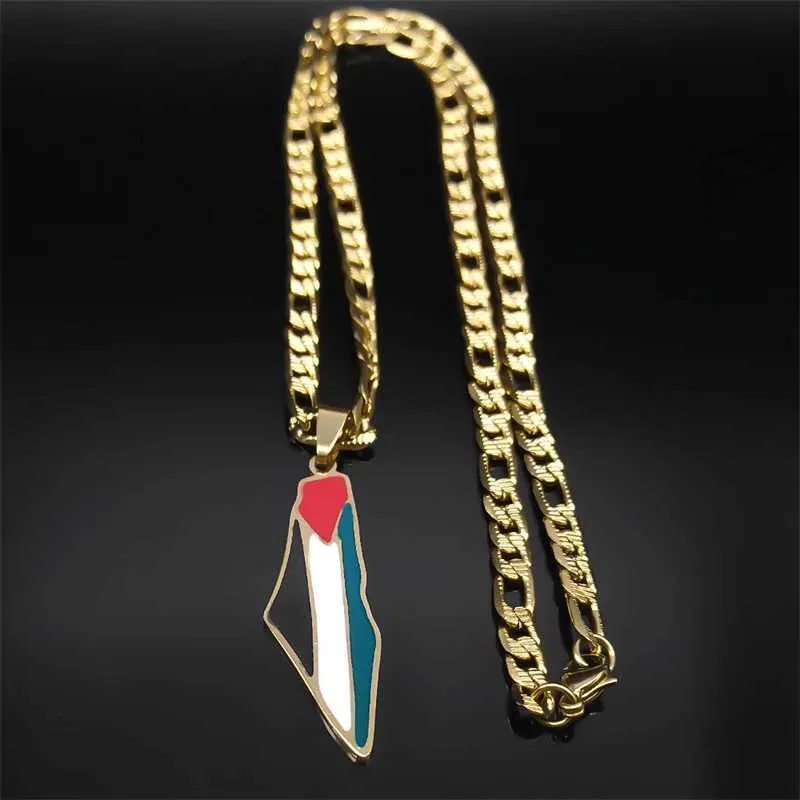 Palestine Map Flag Pendant Necklace Stainless Steel Gold Plated_voghion.com