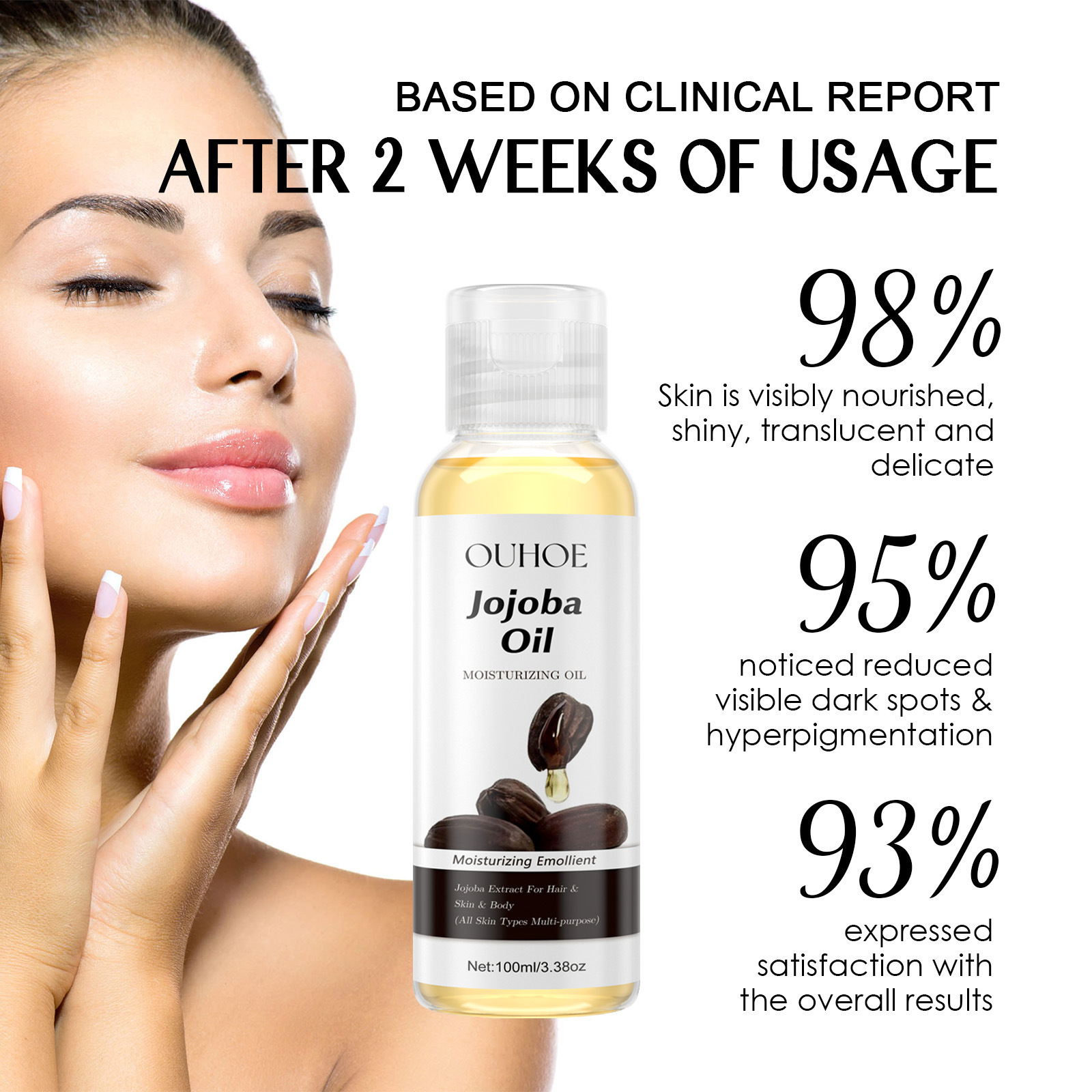 L'olio di jojoba OUHOE rassoda, idrata il viso, illumina il corpo, rendendo la pelle morbida, forte e resistente alla cura dei capelli_voghion.com