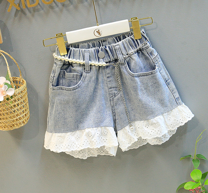Mamma e bambini estate nuova ragazza vestito camicia con maniche a sbuffo più pantaloncini di jeans in pizzo abito a due pezzi_voghion.com