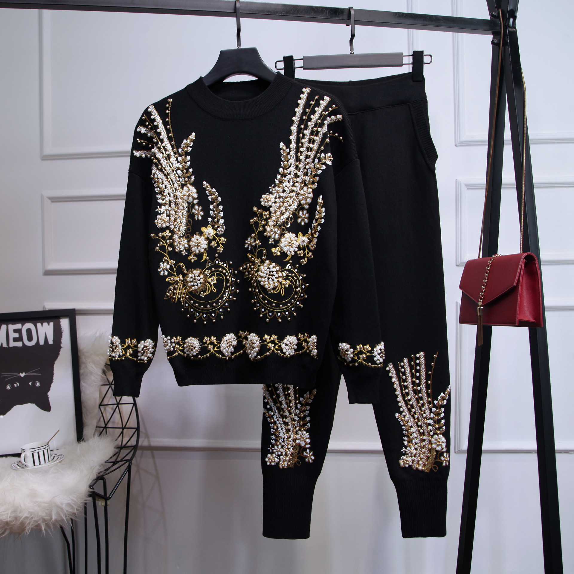 Women's Clothing new autumn clothing women's sequined beading long sleeved sweater sweater trousers casual two piece suit