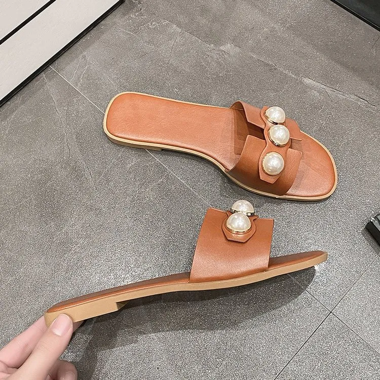 Neu Leder Echtes Flache Designer Perle Bequeme Casual Bottom frauen Schuhe Outdoor Strand Sandalen Indoor Hausschuhe_voghion.com