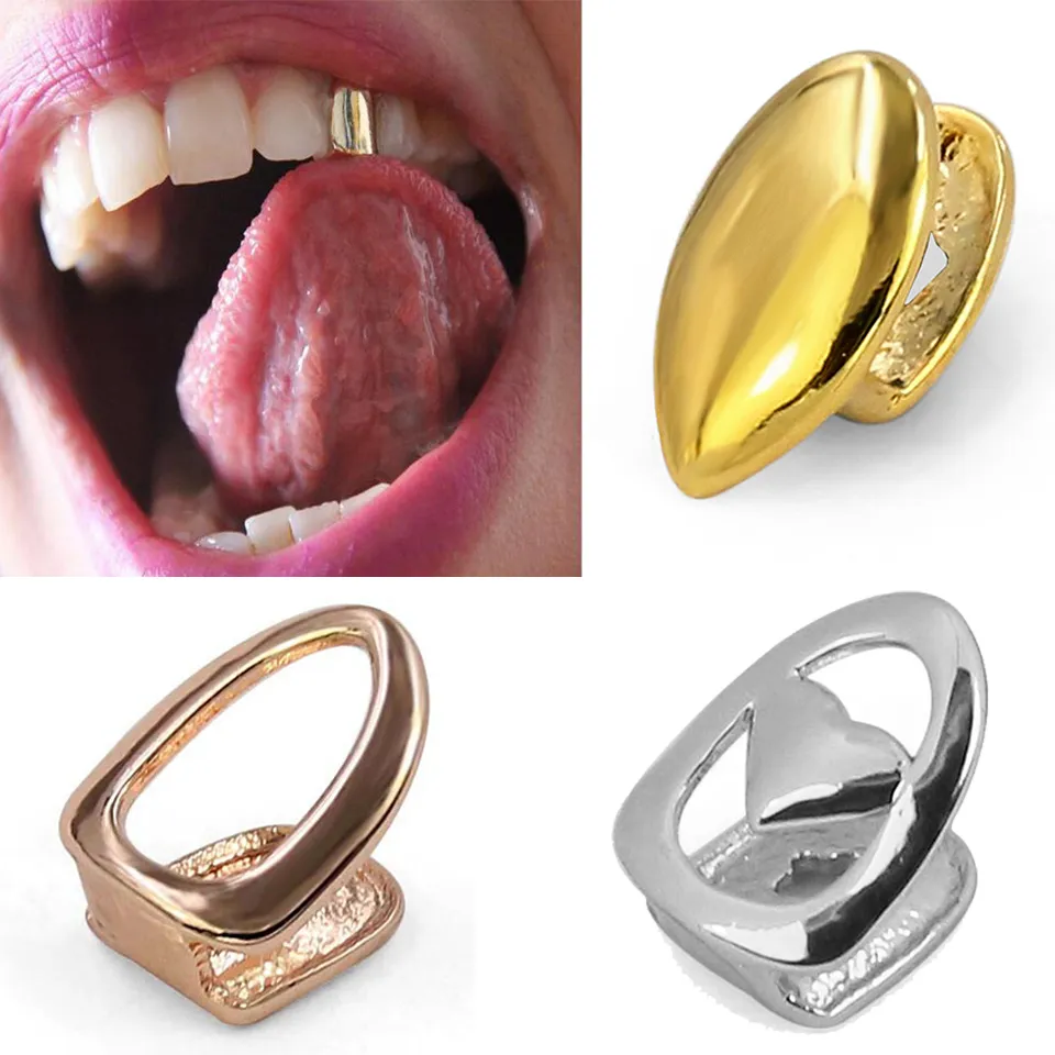 Ekte gull hule enkle tenner grillz regulering punk hiphop tannlege munn fang griller tannhette cosplay kostyme halloween_voghion.com