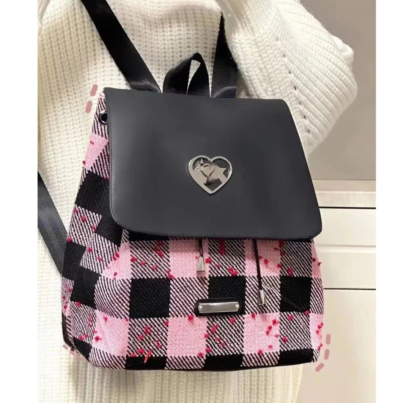 Japa Cavas Drawstrig Backpack Preppy Style Cute Plaid Prit Bag Studet Casual High Capacity Small Tote Bags For_voghion.com