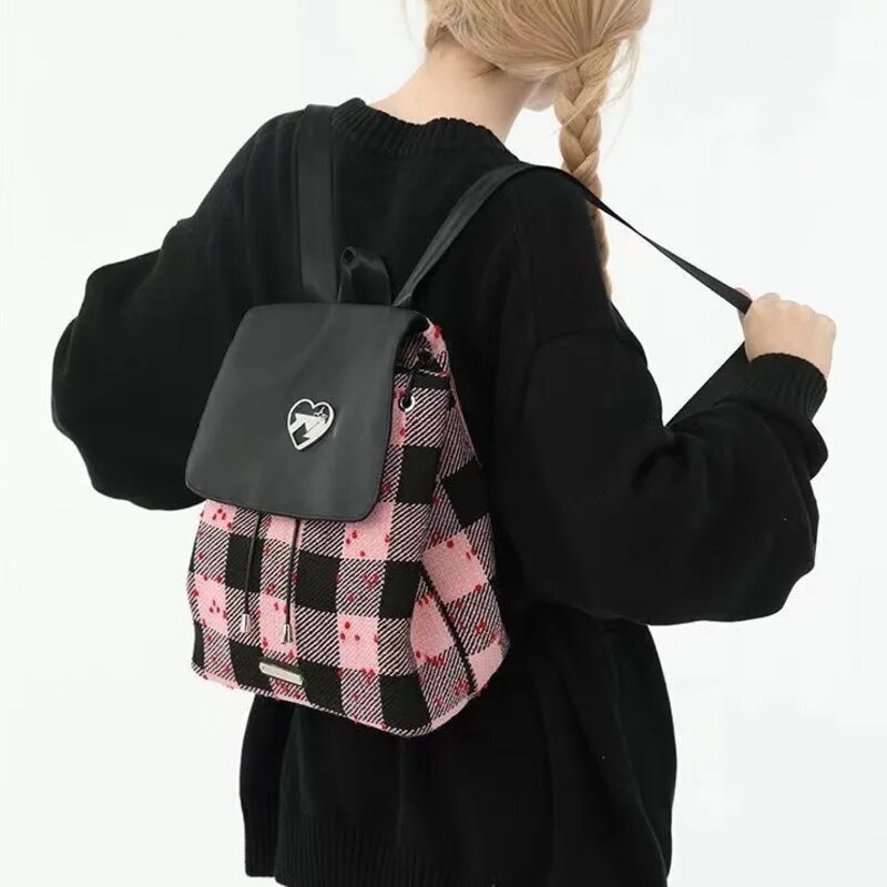 Japa Cavas Drawstrig Backpack Preppy Style Cute Plaid Prit Bag Studet Casual High Capacity Small Tote Bags For_voghion.com