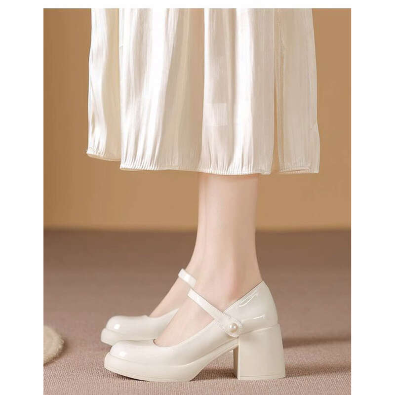 Echtes Leder ~ Marjane Chunky Damenschuhe Perle Französisch Heels_voghion.com