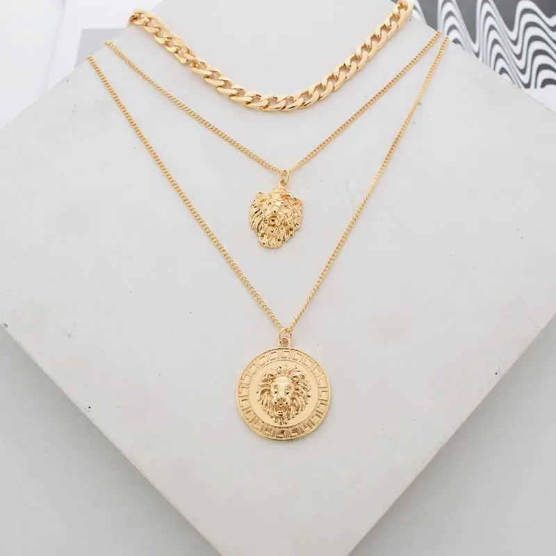 Colliers pendentifs style punk, chaîne en métal doré multicouches, motif lion, collier rond en pièces de monnaie pour femmes_voghion.com