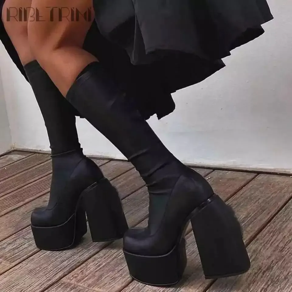 Platform Heel Women's Pumps Stretch Ankle Boots Designer Knee-high Women Trend Thigh High Black Gothic Shoes Invierno_voghion.com