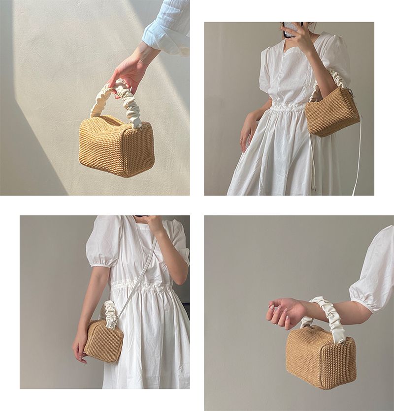 Sommer Gras Gewebt für Frauen 2024 Neue Mädchen Falten Kontrast Handheld Quadrat Vielseitig Straddle Tasche Trendy_voghion.com