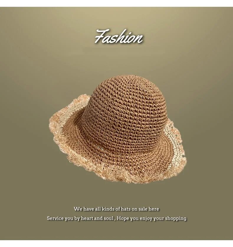 Lafite da donna, cappello da pescatore estivo con protezione solare flat top, foto da spiaggia, cappello in paglia intrecciata_voghion.com