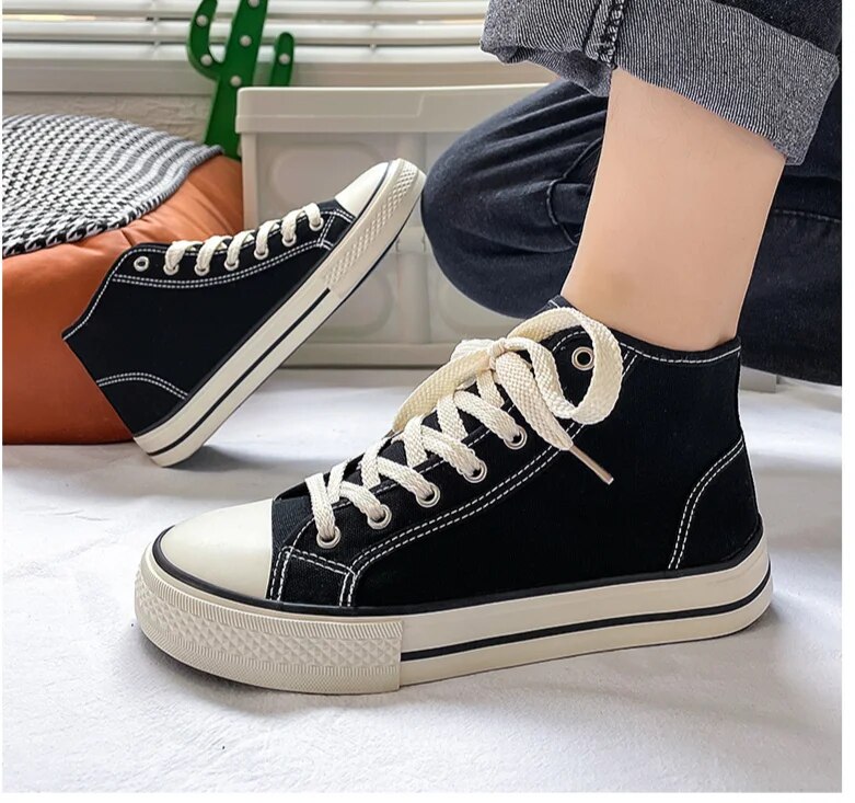 High top men's classic spring canvas student Korean vulcanized round toe casual board shoes, cloth shoes_voghion.com