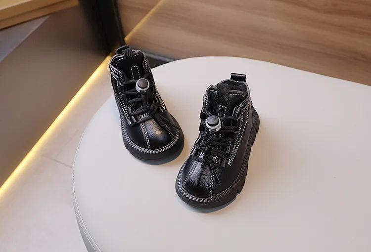 Botas cortas impermeables de cuero Happysteps para niños, zapatos de algodón cálidos y gruesos de felpa para la nieve, de invierno, a la moda, de cuero para niños pequeños_voghion.com
