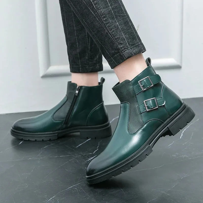 Classic Leather Business Ankle Boots For Men With Double Buckle_voghion.com