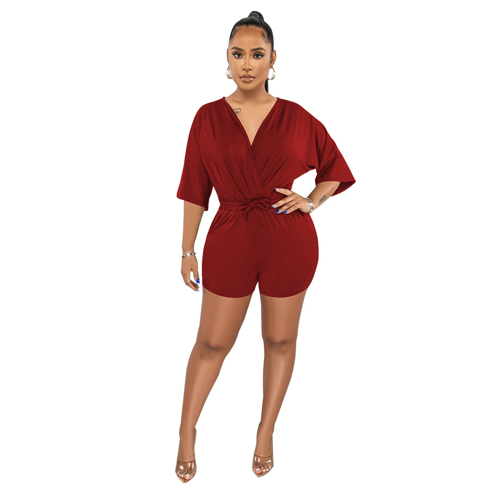 Women's V-neck Jumpsuit Solid Colour Waist Casual Short Romper_voghion.com