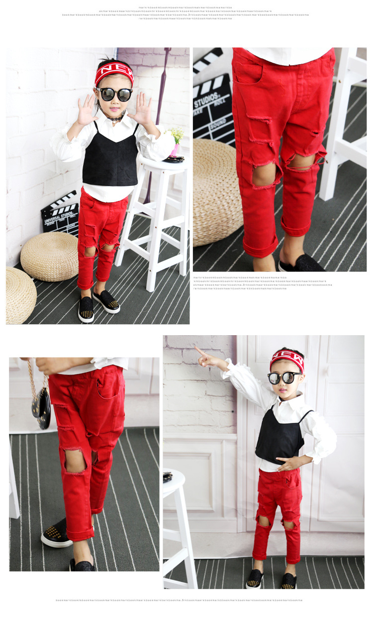 Mother&Kids Boys and girls ripped jeans medium children long children slacks children's casual pants_voghion.com