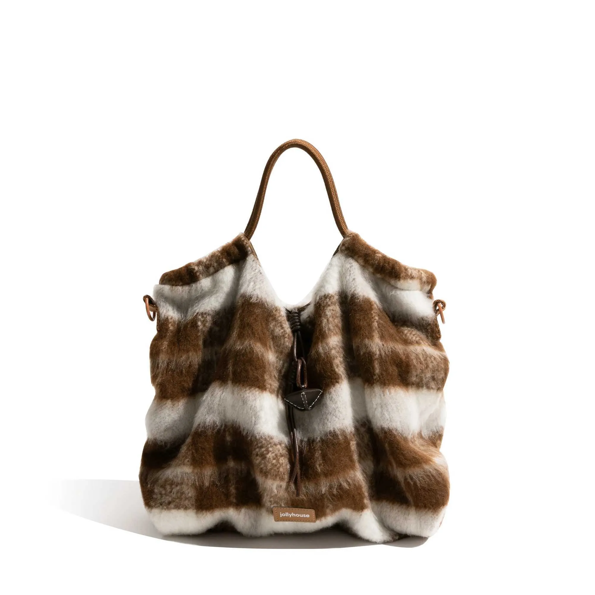 KOKOPEAS Vintage Gestreiften Plaid Flauschigen Quadratischen Handtasche Drstring Design Winter Frauen Stilvolle Schulter_voghion.com