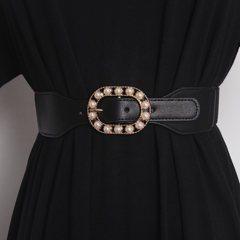 Langer Pullovergürtel für Damen mit Rockkleid dekorativen Mantelaccessoires Perlen elastisch schwarz karamell schmaler Hüftgürtel_voghion.com