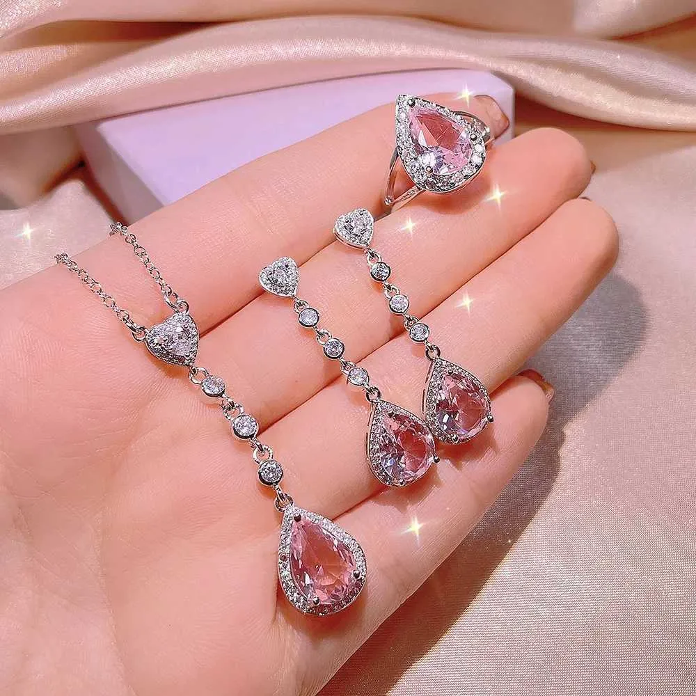 Hochzeitsschmuck-Sets 3-teilig Sterling Silber Herzschliff Zirkon Verlobungsring Ohrringe Anhänger Damen Party Geburtstagsgeschenk_voghion.com