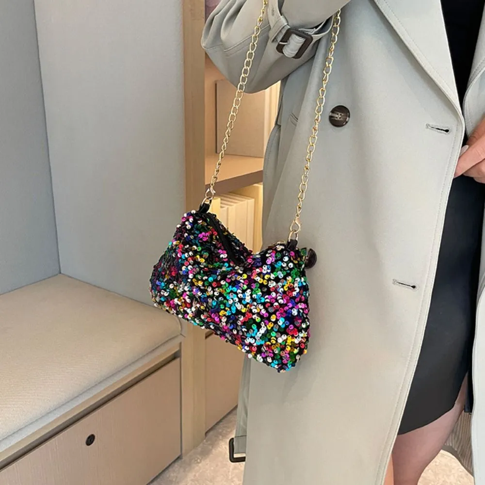 Borsa a tracolla con catena, tinta unita, stile coreano, con paillettes, per telefono, da sera, per cena e feste_voghion.com