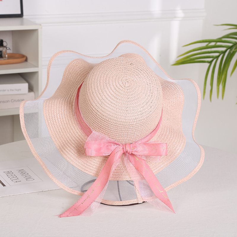 Hats for women, summer mesh straw large brimmed foldable sunshade hats, bow beach hats_voghion.com