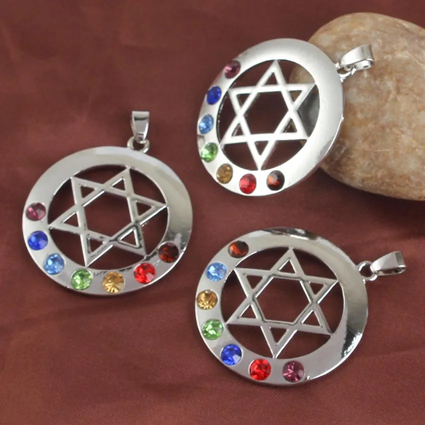 Colliers pendentifs Xinshangmie plaqué argent étoile de David amulette ronde bouclier de protection Reiki 7 cristal strass Chakra_voghion.com