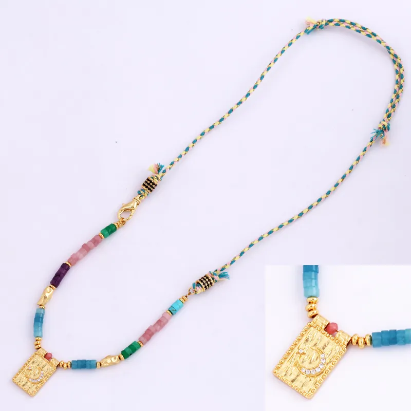 Catene Stile Multi Colore Corda Intrecciata Stella Luna Cuore Mano Occhio Collana Ciondolo Unico Mix Pietra Oro Cordino di Cotone Gioielli_voghion.com