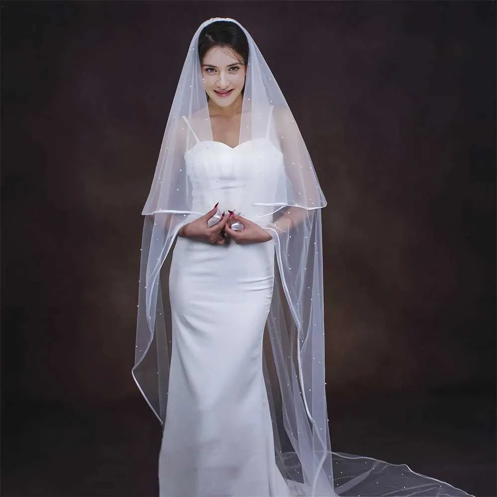 Haarschmuck Perlen Perlen Braut 2 Tier Lange Kathedrale Schleier Band Rand Mit Kamm Drop Stil Brautkleider_voghion.com