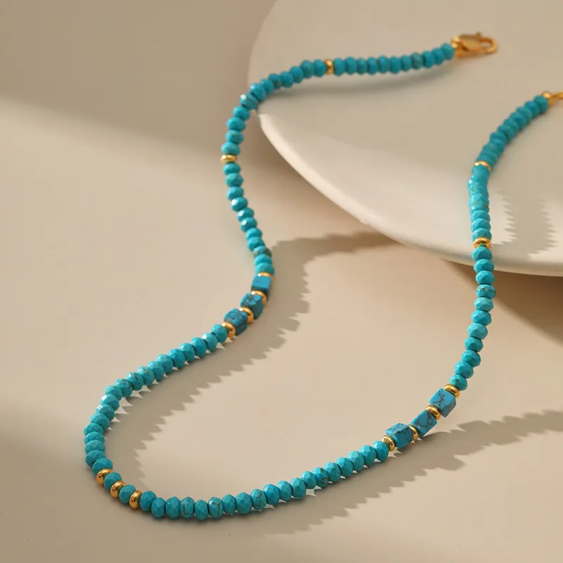 Collier de perles turquoise irrégulières faites à la main pour femmes, chaîne porte-bonheur en forme d'épis de blé dorés, bijoux rétro_voghion.com