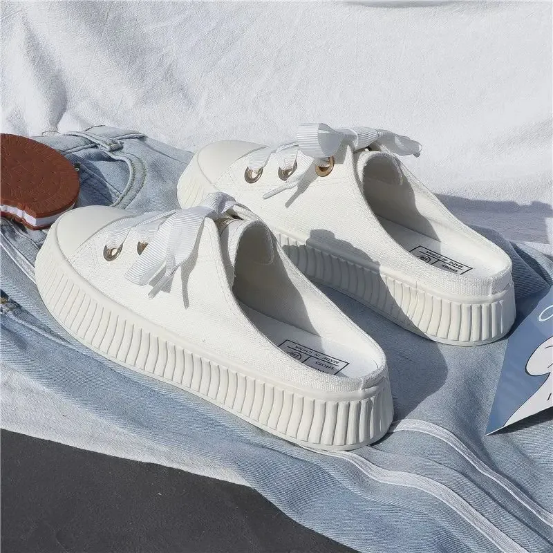 Sneakers estive da donna, pantofole e sandali da donna, ciabatte sportive con fiocco, scarpe alte, punta tonda, cotone, junior, bianco F_voghion.com