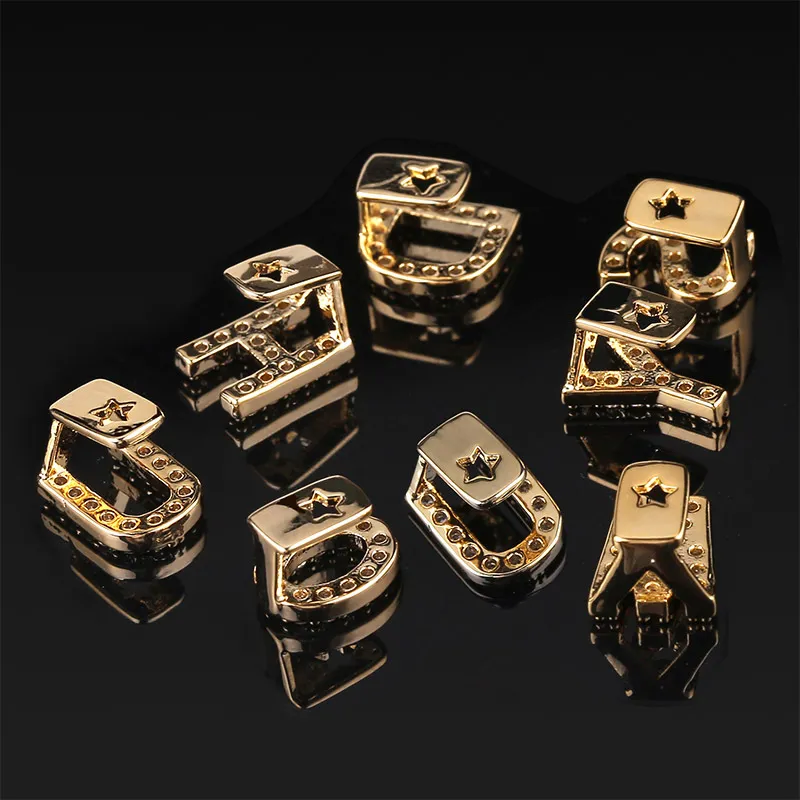 Grillz personnalisé en or blanc avec nom de A à Z et lettres, diamètre complet, zircone cubique, dents Bg, bricolage, grils Fang, capuchon de dent inférieur, hanche_voghion.com