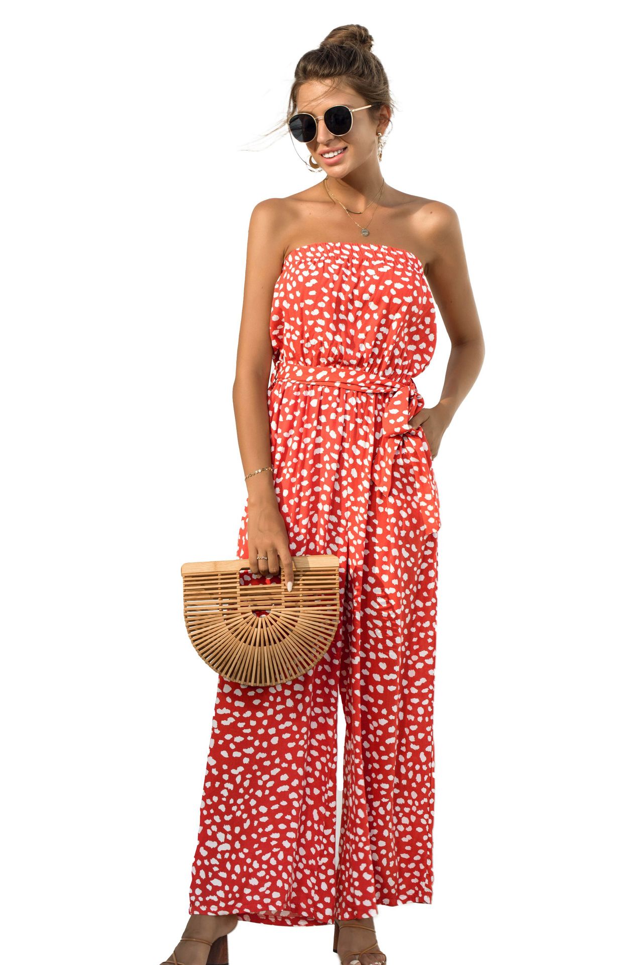 Nuevos productos de verano para mujer, nuevo mono de pierna ancha con cordones y estampado de lunares en forma de corazón y top de tubo sexy_voghion.com