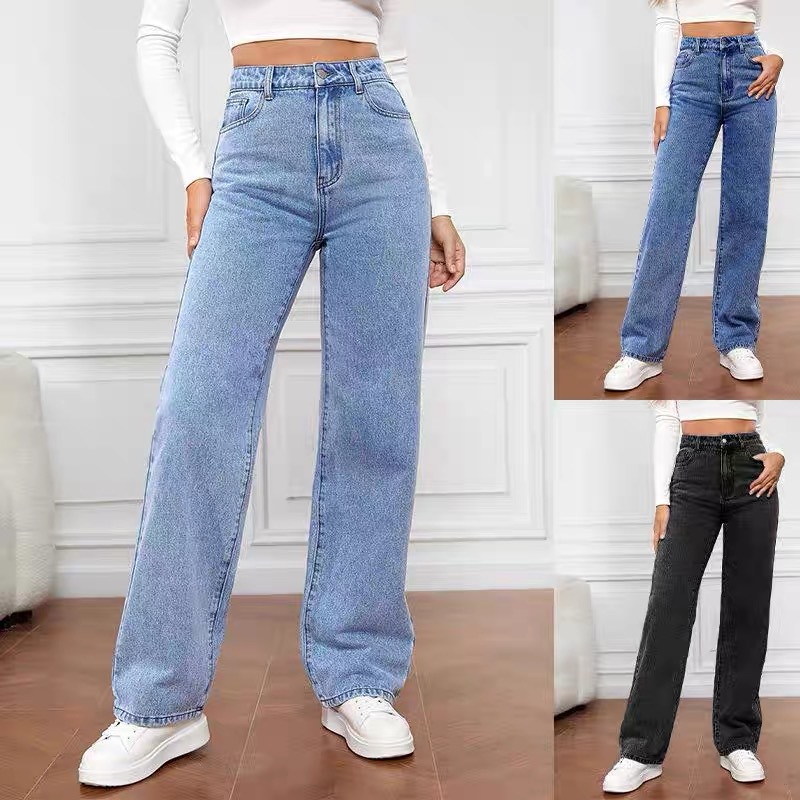 Women's Clothing High Waist Jeans Light Color Washed Loose Wide Leg Large Size Straight Pants