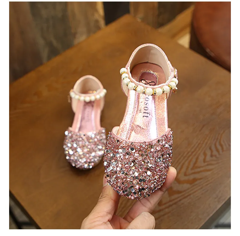 Girl Princess Sequins Pearl Sier Gold Pink Summer Spring Girls Sandals Cover Toe Toddler Fashion Party Dance Cutefeet_voghion.com