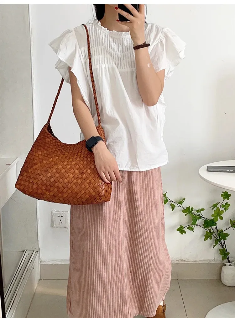 drago intrecciato panino strato superiore pelle bovina donna francese cestino fatto a mano vintage pelle borsa a tracolla tracolla grande capacità_voghion.com