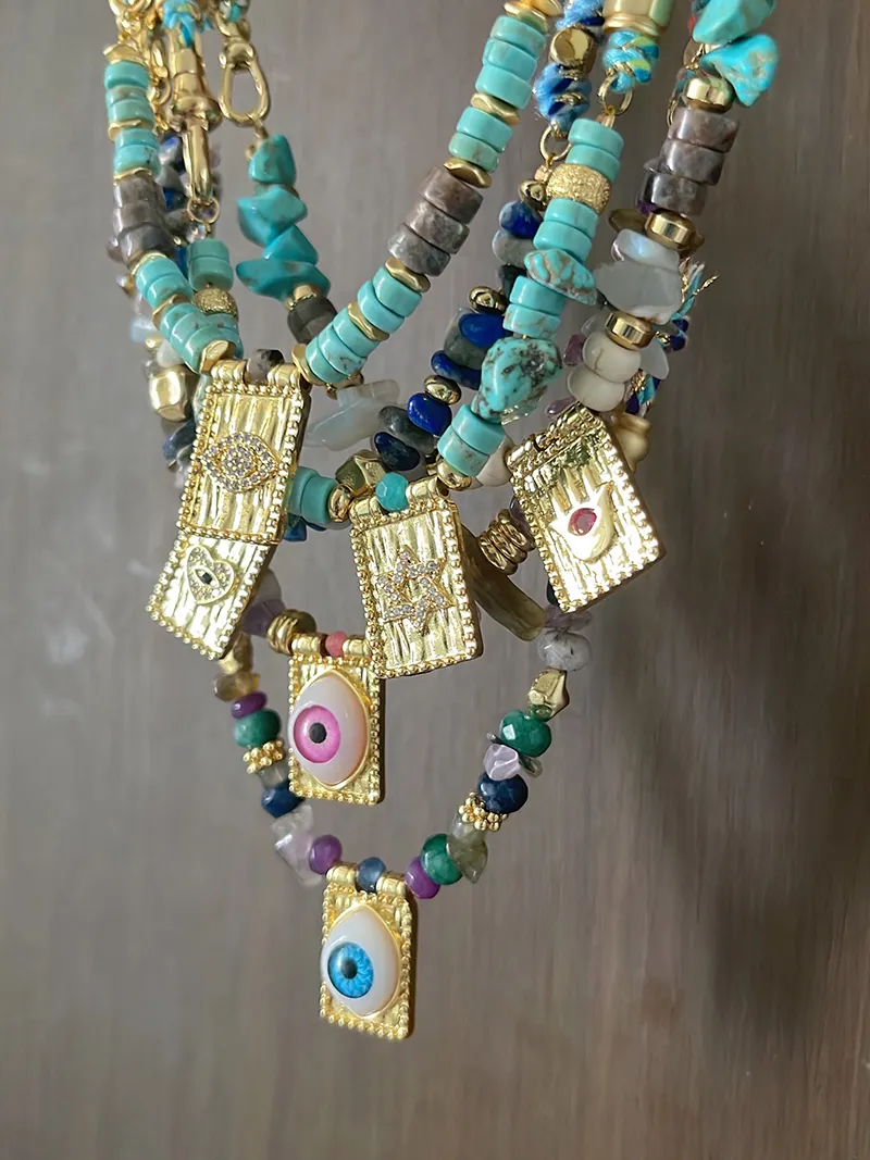 Catene Stile Multi Colore Corda Intrecciata Stella Luna Cuore Mano Occhio Collana Ciondolo Unico Mix Pietra Oro Cordino di Cotone Gioielli_voghion.com