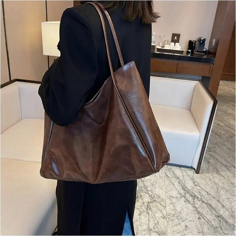 Borsa a tracolla in pelle vintage rossa da donna, casual, alla moda, grande capacità, shopper, Haruku, semplice borsa a mano_voghion.com