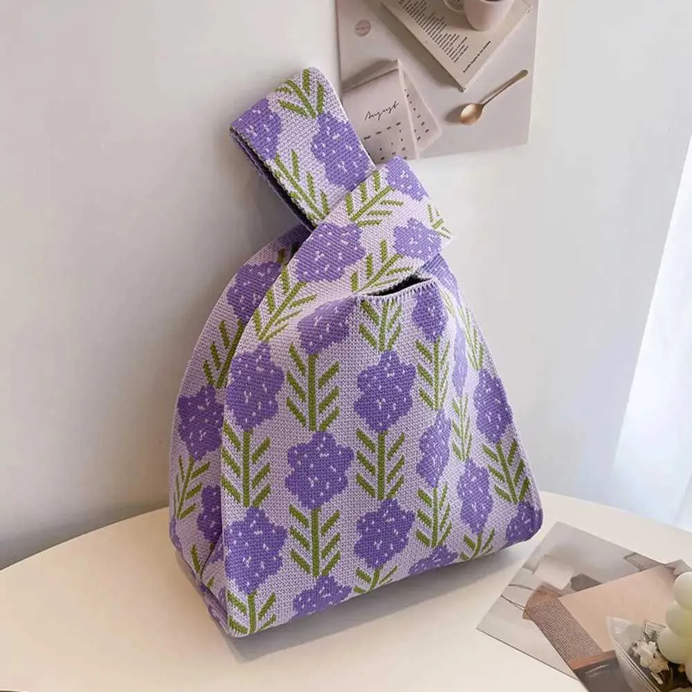Fi striped knot wrist hand knitted V-handbag portable mini reusable shopping bag Y241106_voghion.com