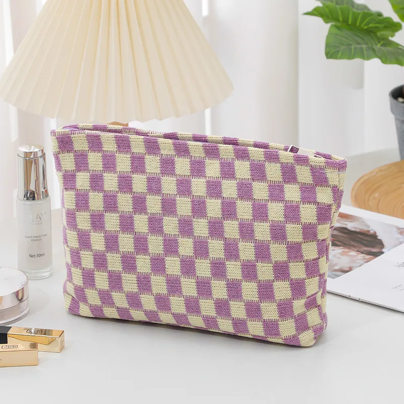 Organizer da viaggio per cosmetici a scacchi, grazioso sacchetto portaoggetti per pennelli da trucco e accessori estetici per donne_voghion.com