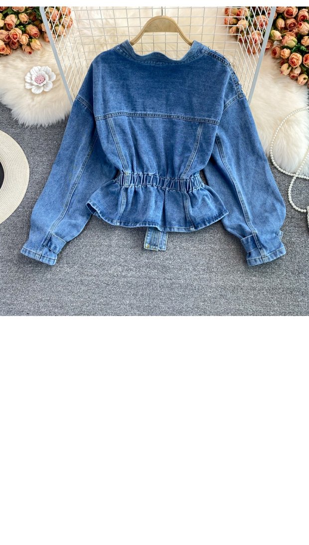 Denim jacket women's loose bf fashion versatile beaded V-neck short waist top_voghion.com