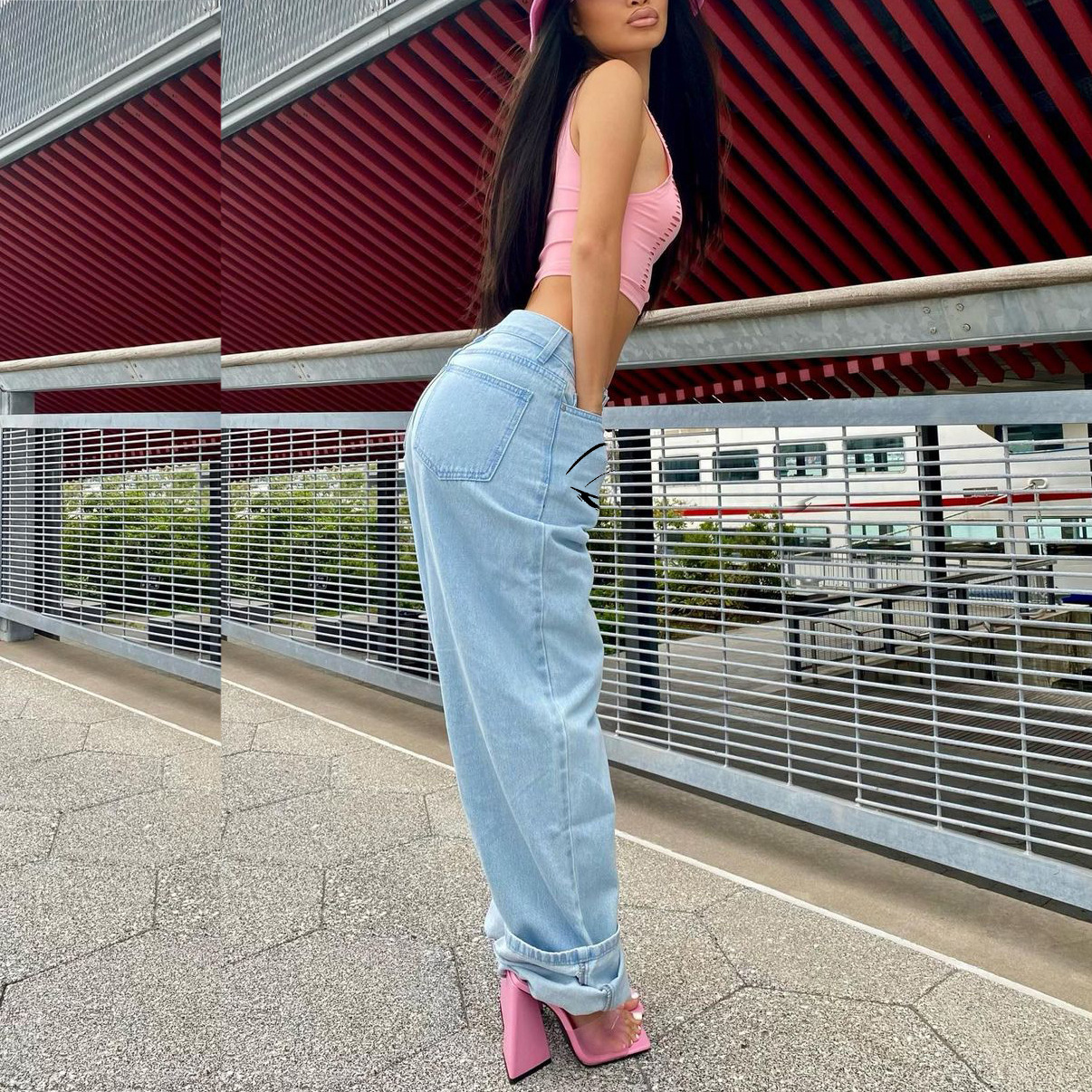 Damjeans med vida ben denim byxor ledig passform_voghion.com