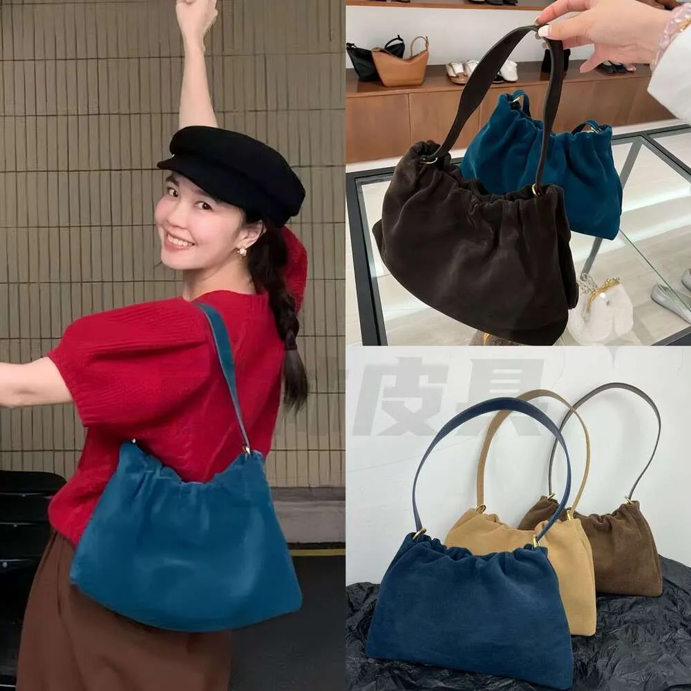Borsa a tracolla da donna in pelle scamosciata opaca con 2 cinturini, in pelle di mucca scamosciata, stile coreano, con arricciature, color caffè kakhi_voghion.com