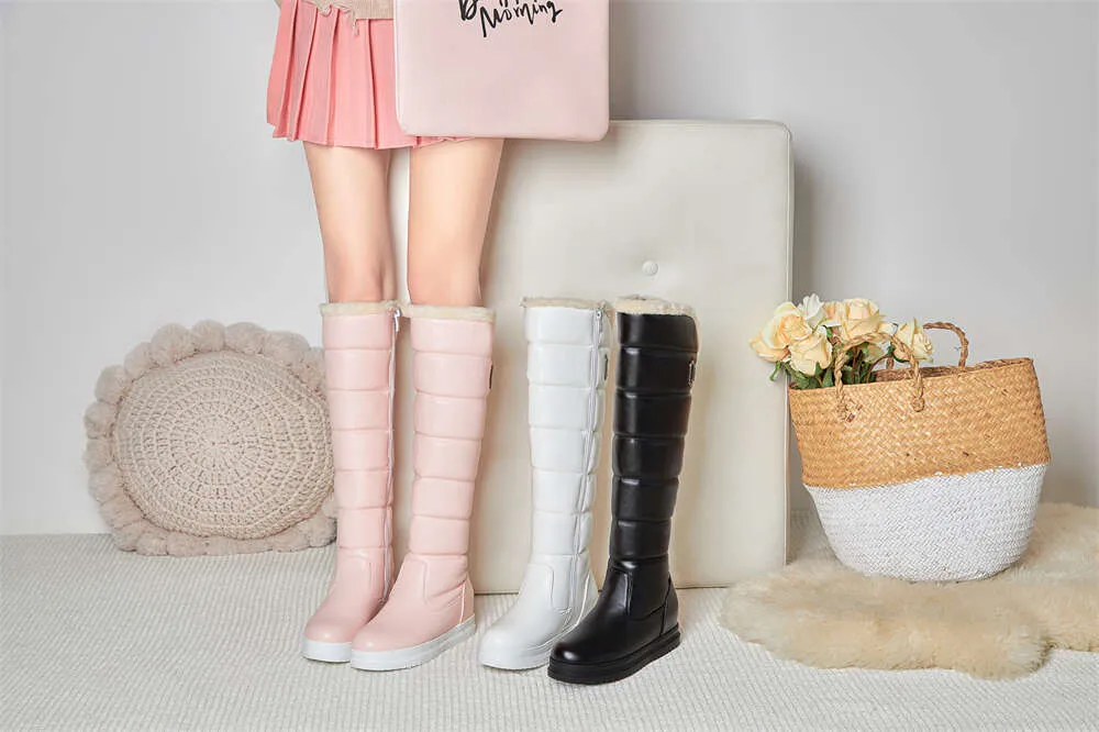 Winter Warm Rosa Weiß Schnee Frauen Schuhe 2024 Niedrigen Absätzen Knie Hohe Stiefel Weibliche Plattform Plüsch Lange Boote Mujer Schwarz_voghion.com