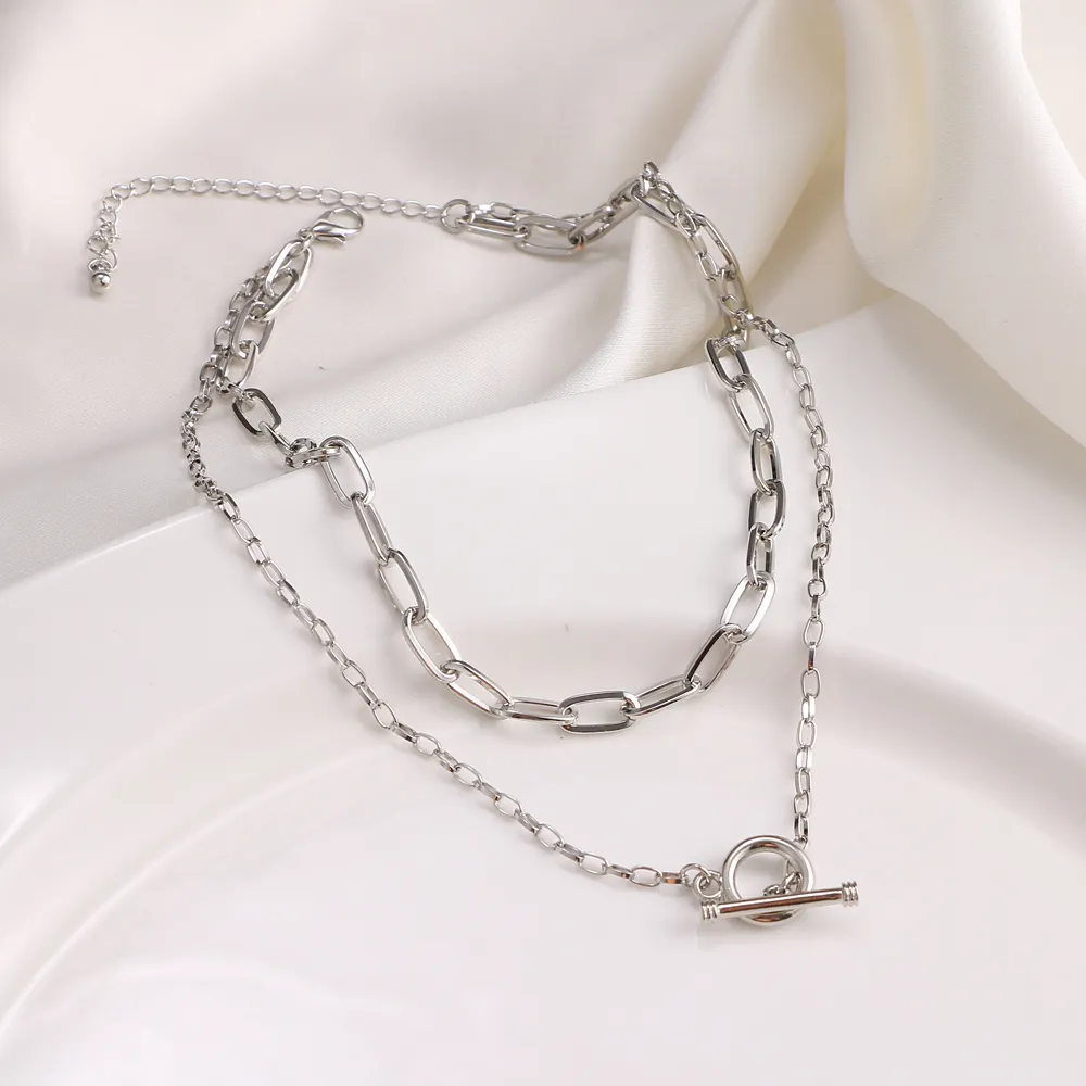 Catene Vintage Catena Spessa OT Fibbia Collana Girocollo Per Le Donne Punk Argento Colore Metallo Geometrico Stratificato Gioielleria di Moda_voghion.com