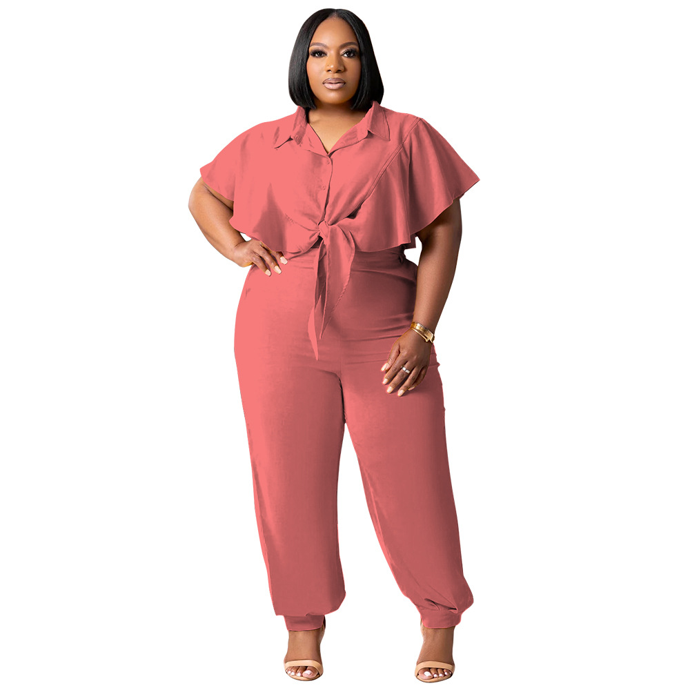 Audday N7984 Women's New Summer Button Lace-up Solid Color Fashion Casual Two-piece Set_voghion.com