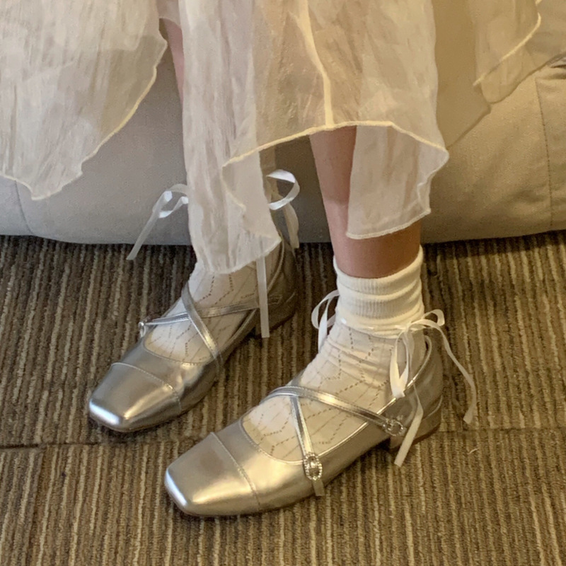 Silver Ballet Flats Women Square Toe Mary Jane Shoes Evening_voghion.com