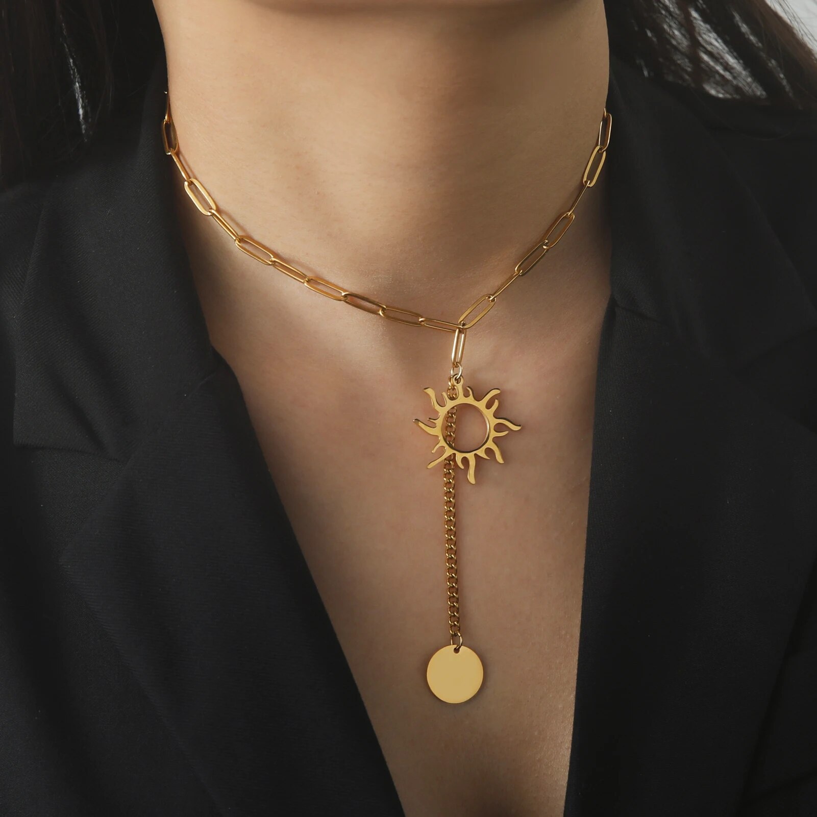 Skyrim Sun Totem Pendant Necklace Women Stainless Steel Gold Color Beaded Chain Necklace Punk Summer Jewelry Birthday Gift New in_voghion.com